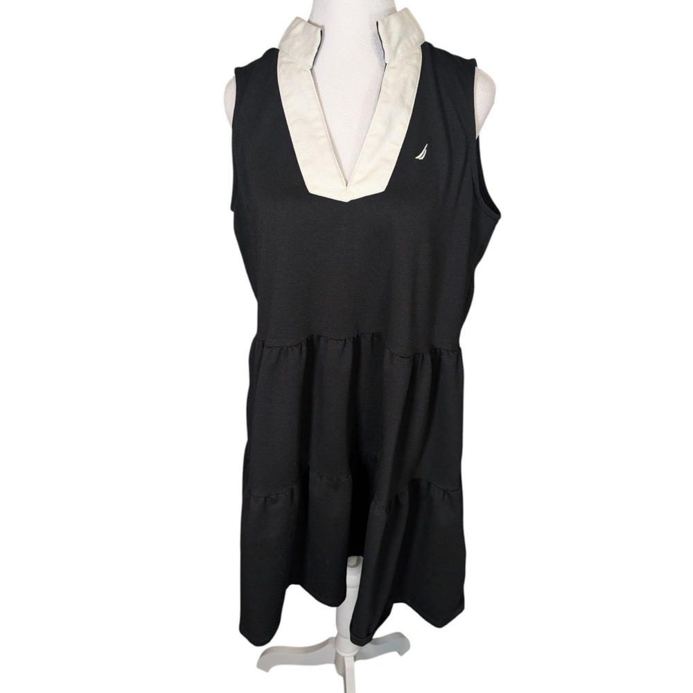 Nautica Jeans Womens Black Tiered Sleeveless Polo V-Neck Dress Size Large